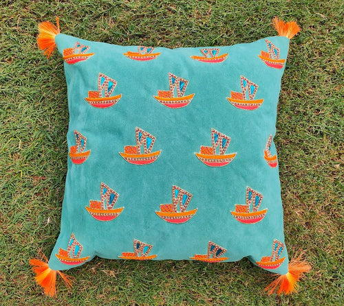 Boat Turquoise- Gotta Patti And Zardozi Cushion Cover