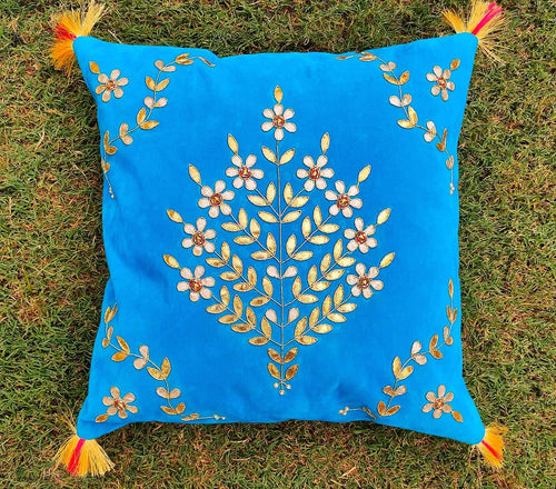 Tree Turquoise- Gotta Patti And Zardozi Cushion Cover