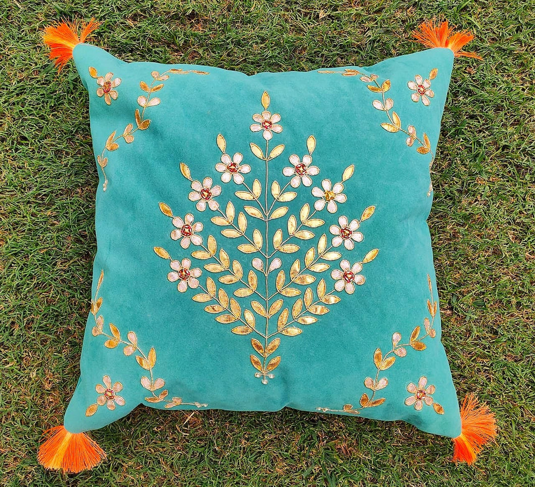 Tree Turquoise - Gotta Patti And Zardozi Cushion Cover