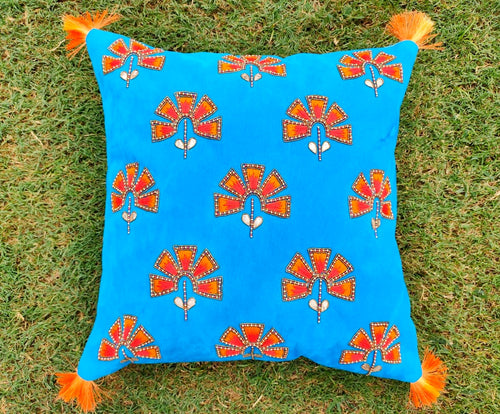 Flower Blue - Gotta Patti And Zardozi Cushion Cover