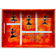Warli Yoga Motifs Hand painted Wooden Tray