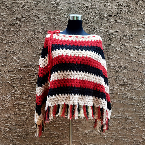 Red and Black Crochet Poncho