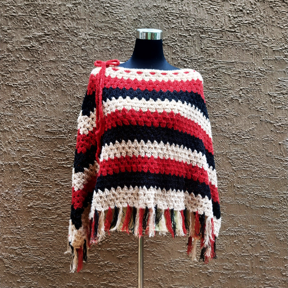 Red and Black Crochet Poncho