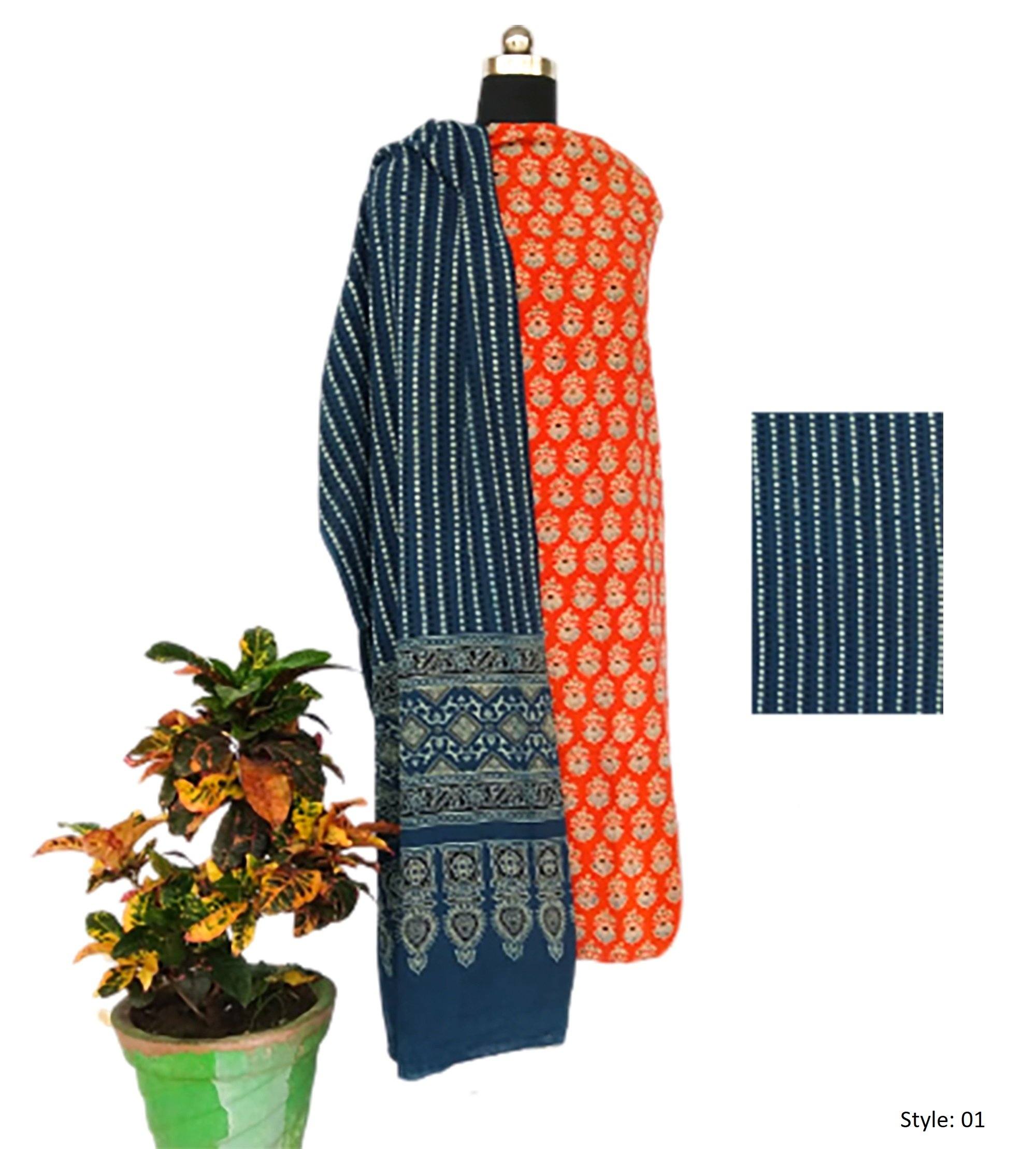 Smokey Indigo Unstitched Modal Silk Ajrakh Print Suit- HouseOfElegance –  House Of Elegance - Style That Inspires