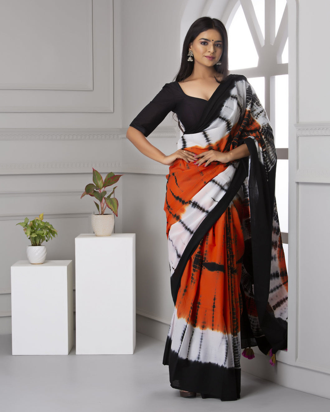Black & Orange Shibori Print Mul-Cotton Saree Saree AmitJaipur 