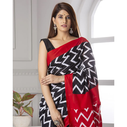 Black & Red Ikat Print Mul-Cotton Saree Saree AmitJaipur 