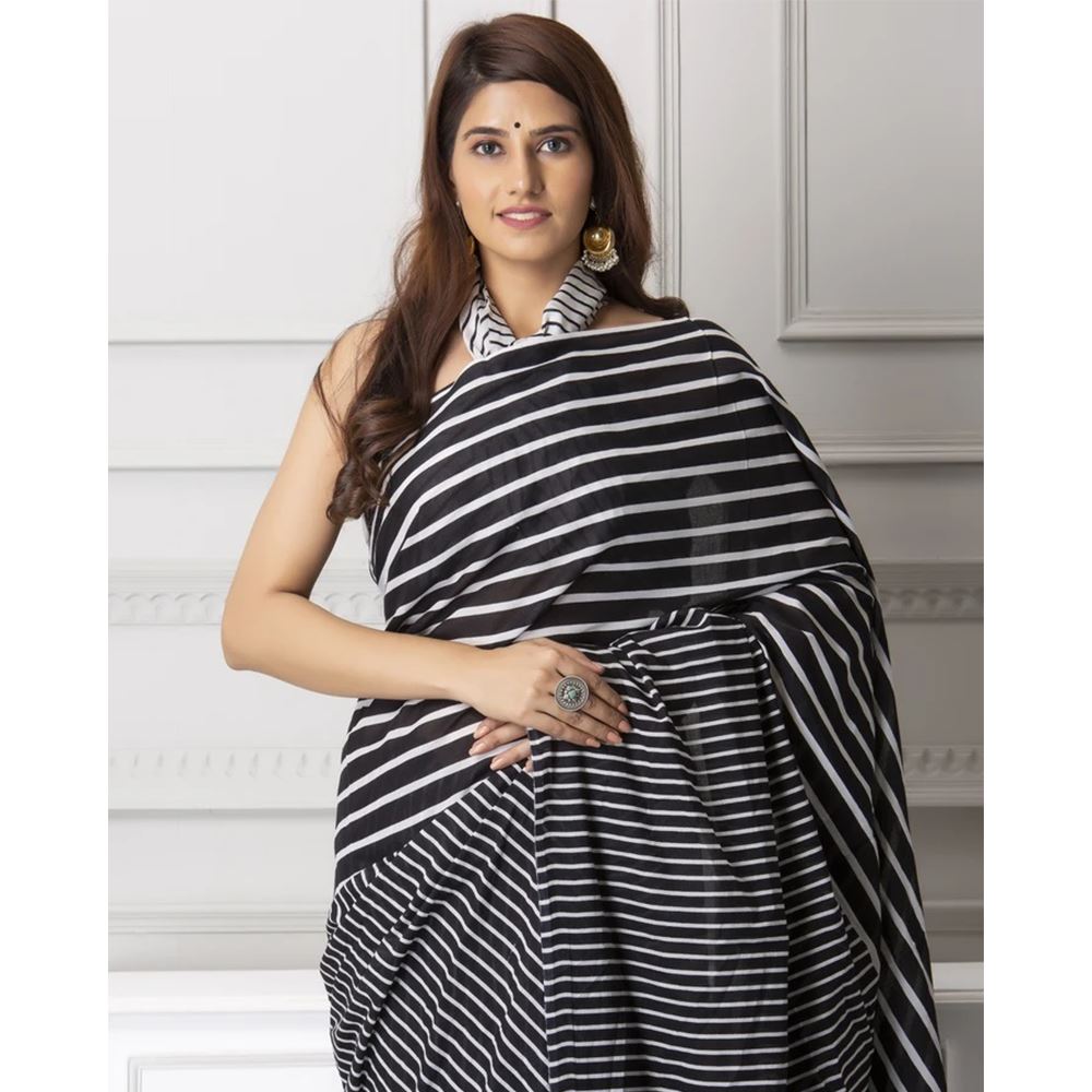 Black Stripes Mul-Cotton Saree Saree AmitJaipur 