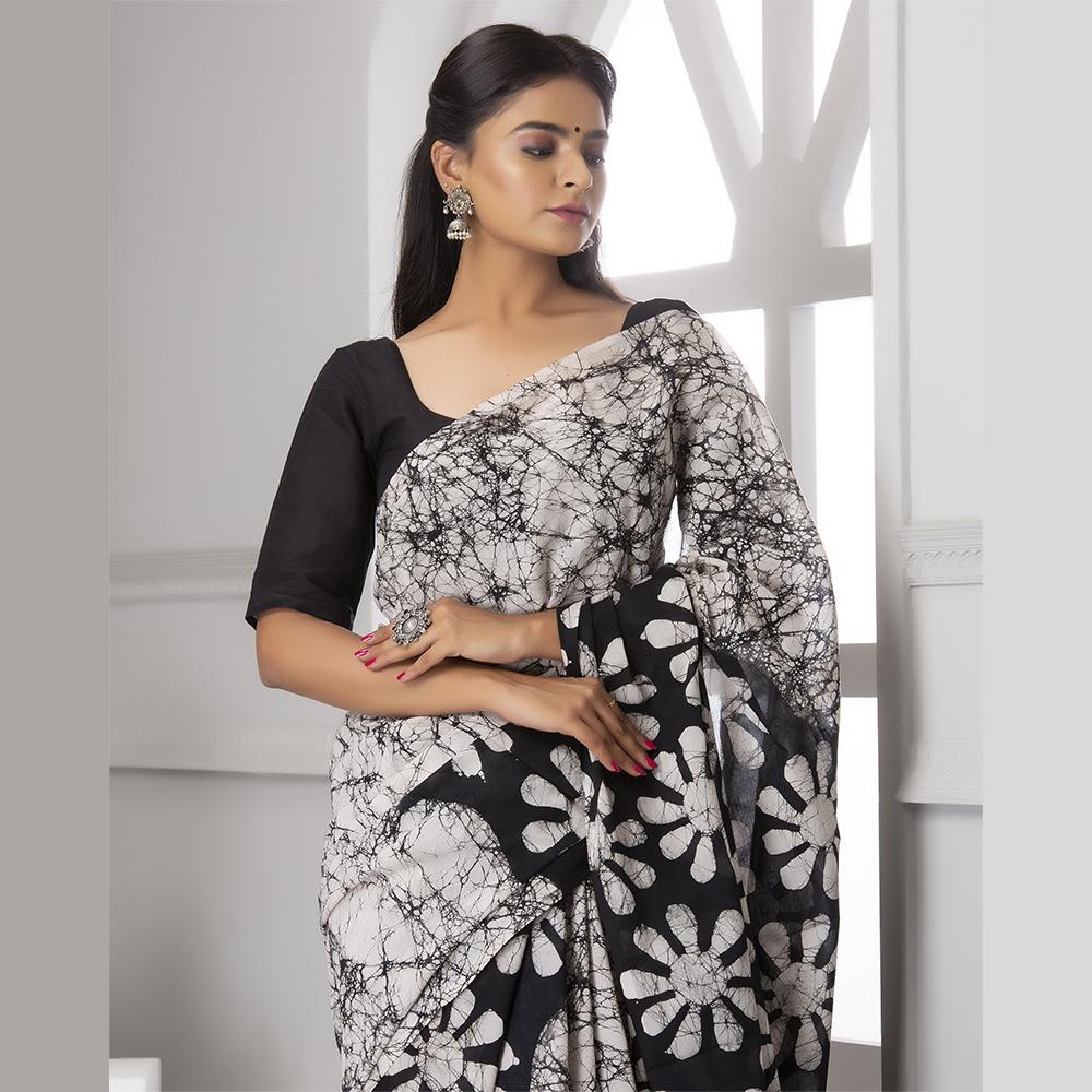 Black & White Batik Print Mul-Cotton Saree Saree AmitJaipur 