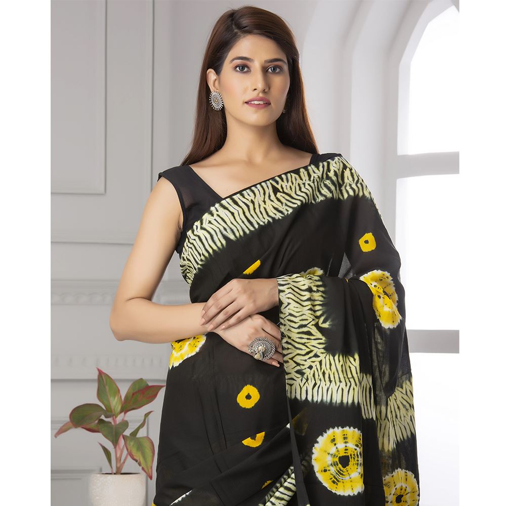 Black & Yellow Shibori Print Mul-Cotton Saree Saree AmitJaipur 