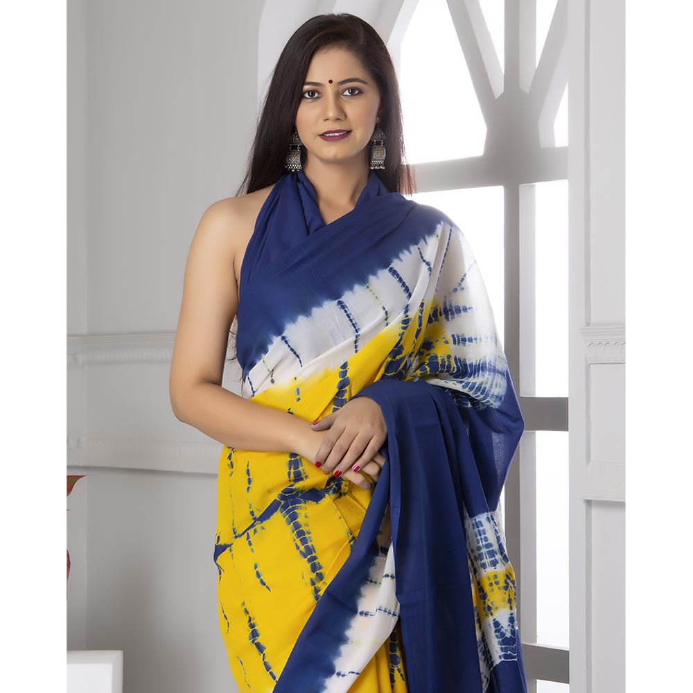 Blue & Yellow Shibori Print Mul-Cotton Saree Saree AmitJaipur 