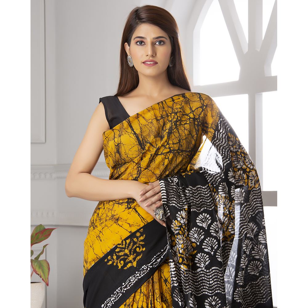 Golden & Black Batik Print Mul-Cotton Saree Saree AmitJaipur 
