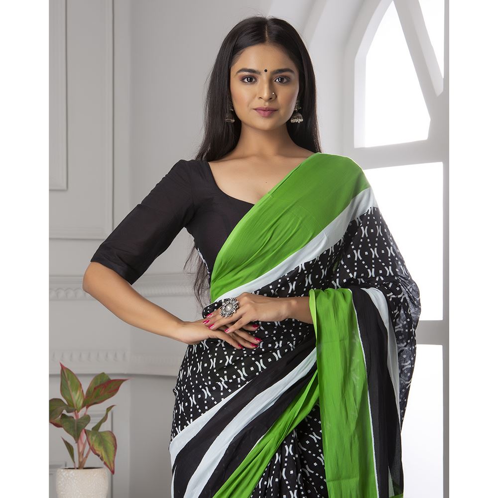 Green & Black Ikat Print Mul-Cotton Saree Saree AmitJaipur 