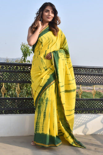 Green & Yellow Shibori Print Zari Border Mul-Cotton Saree Saree AmitJaipur 