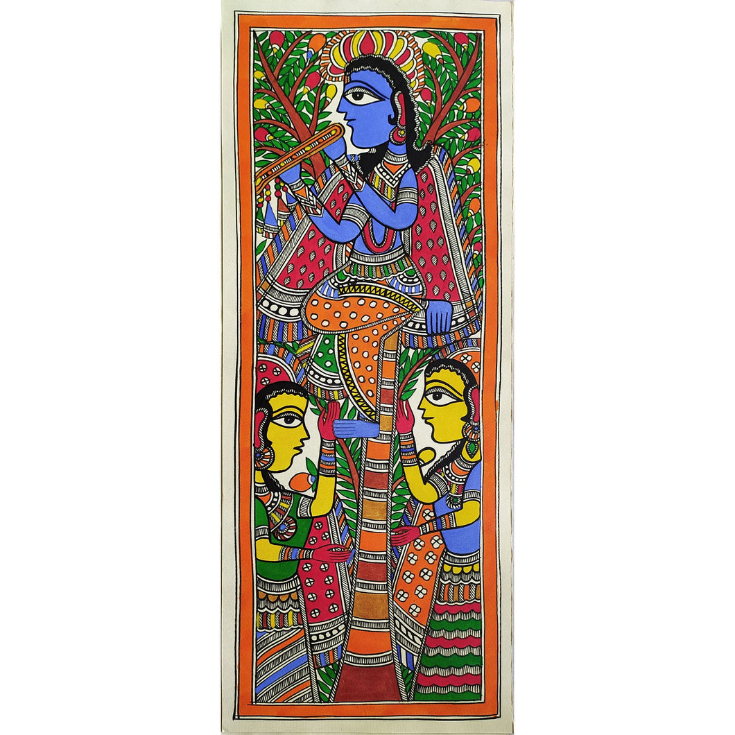 Krishna with Gopis Madhubani & Mithila Painting Hand Paintings SJHAMITHILA 