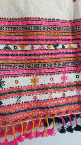 Merino Wool Shawl with Pink and Orange Embroidery Mirror Work Woolen Shawl KMBhuj 