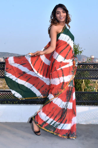 Multicolored Shibori Print Zari Border Mul-Cotton Saree Saree AmitJaipur 