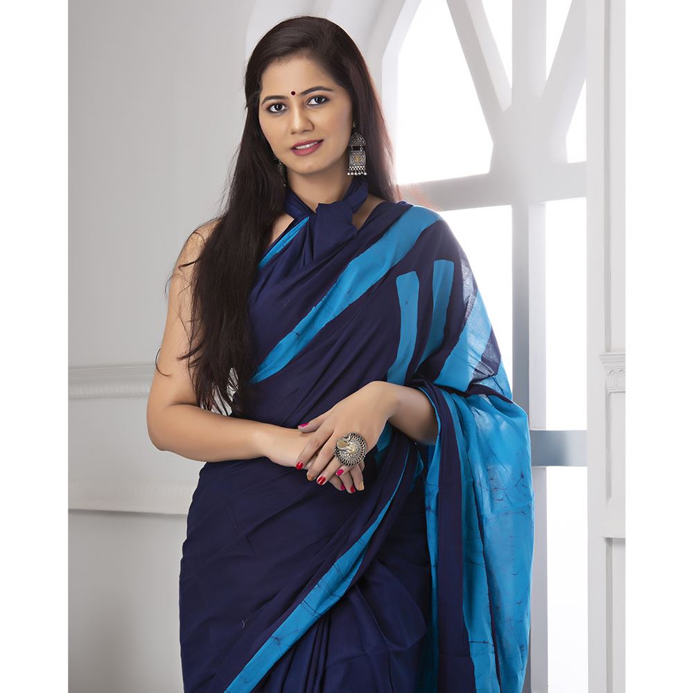 Navy Blue & Blue Batik Print Mul-Cotton Saree Saree AmitJaipur 