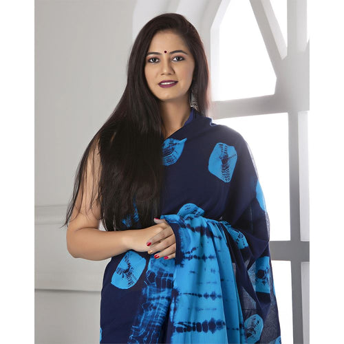 Navy Blue Shibori Print Mul-Cotton Saree Saree AmitJaipur 