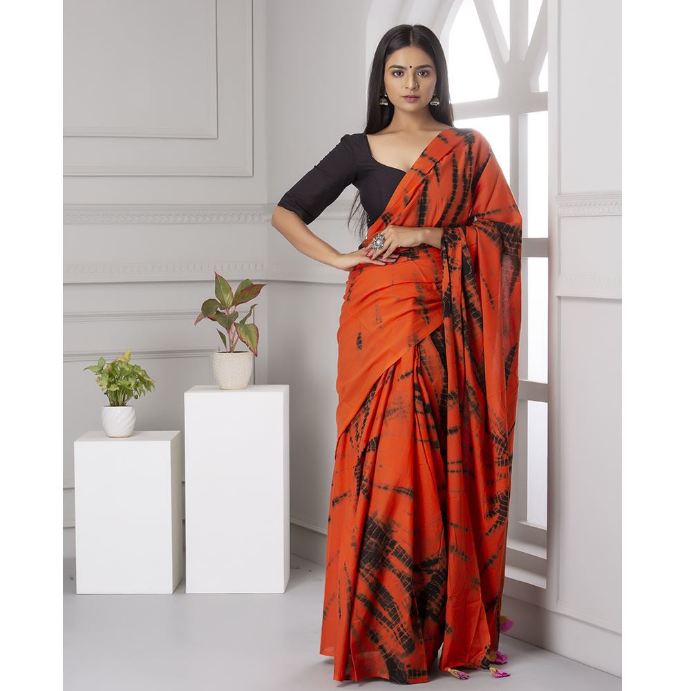 Orange & Black Shibori Print Mul-Cotton Saree Saree AmitJaipur 