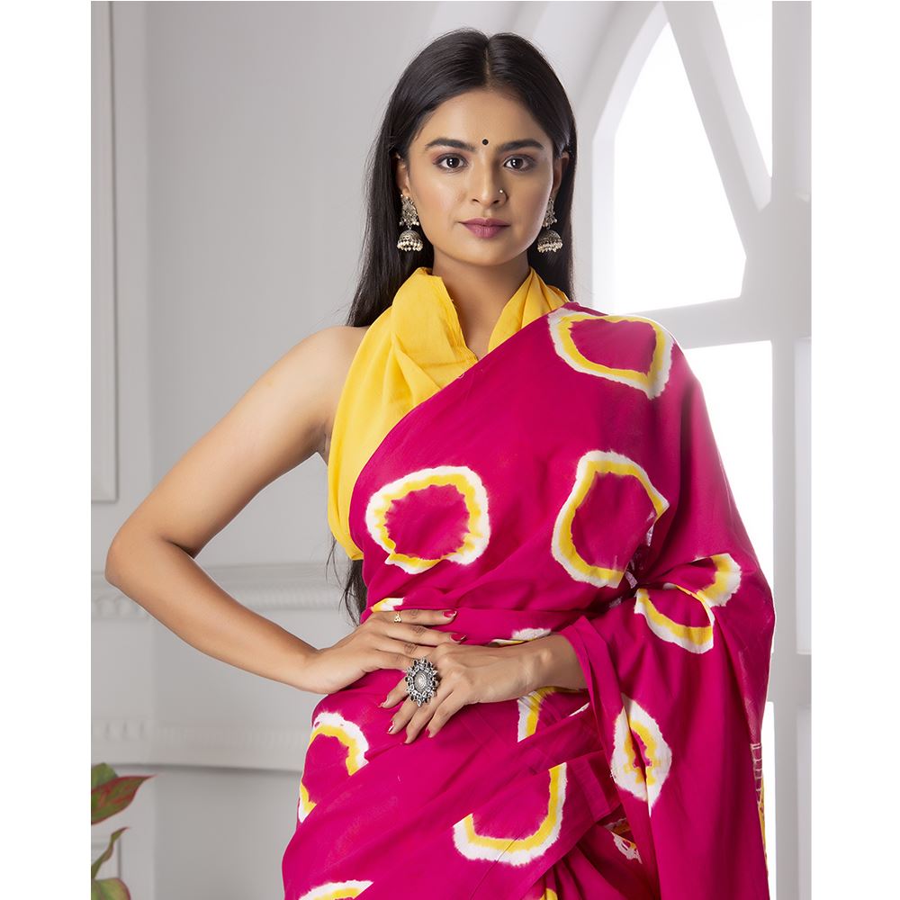 Pink & Yellow Shibori Print Mul-Cotton Saree Saree AmitJaipur 