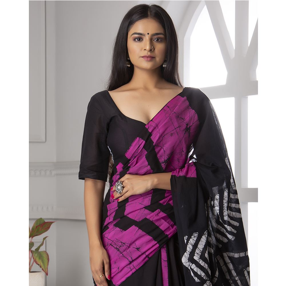 Purple & Black Batik Print Mul-Cotton Saree Saree AmitJaipur 