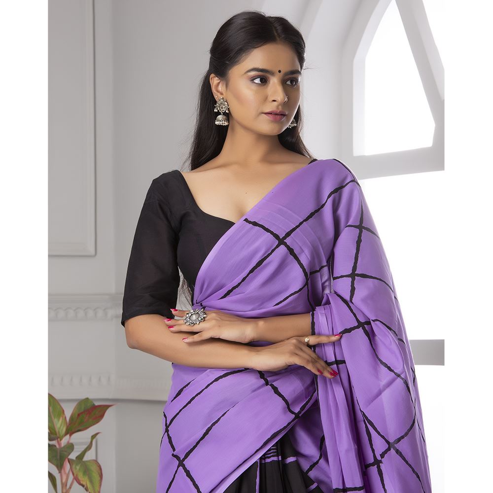 Purple Checks Half n Half Mul-Cotton Saree Saree AmitJaipur 
