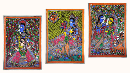 Radha Krishna Madhubani & Mithila Painting Hand Paintings SJHAMITHILA Combo of 3 