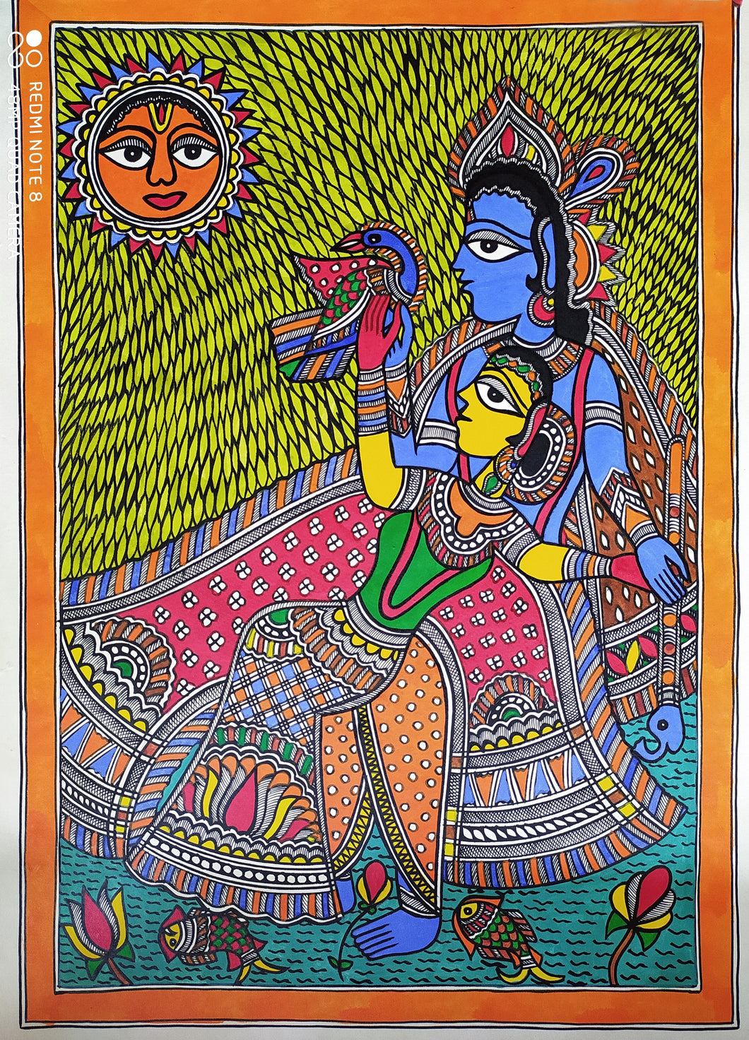 Radha Krishna Madhubani & Mithila Painting Hand Paintings SJHAMITHILA With Sun 