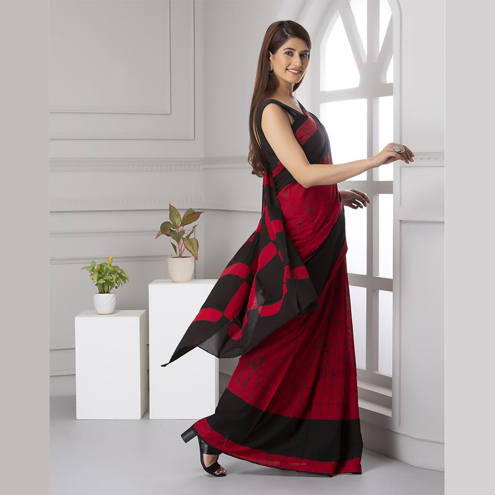Red & Black Batik Print Mul-Cotton Saree Saree AmitJaipur 
