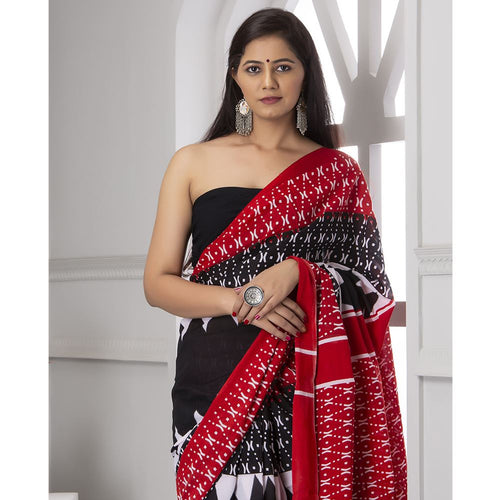 Red & Black Ikat Print Mul-Cotton Saree Saree AmitJaipur 
