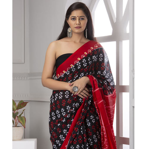 Red & Black Printed Mul-Cotton Saree Saree AmitJaipur 