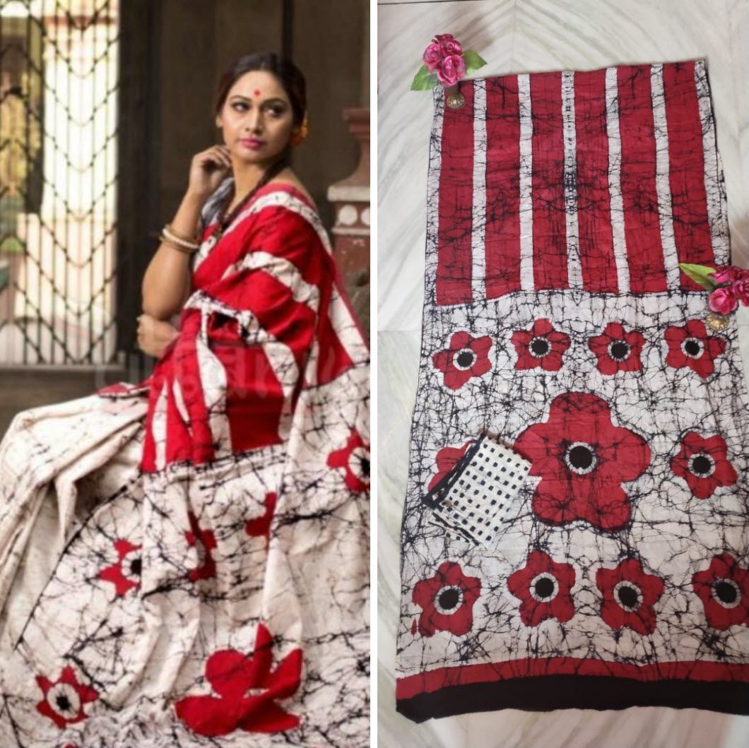 Red & White Batik Print Mul-Cotton Saree Saree AmitJaipur 