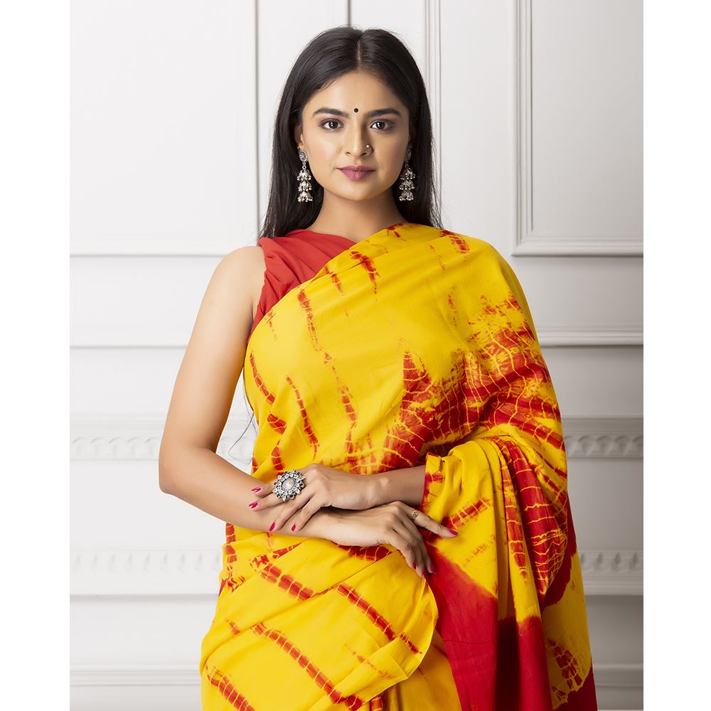 Red & Yellow Shibori Print Mul-Cotton Saree Saree AmitJaipur 