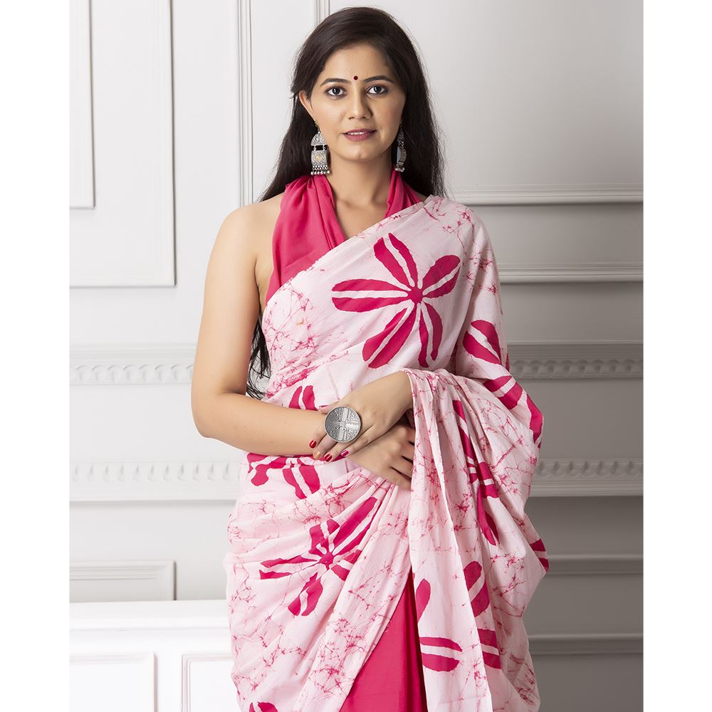 White & Pink Batik Print Mul-Cotton Saree Saree AmitJaipur 
