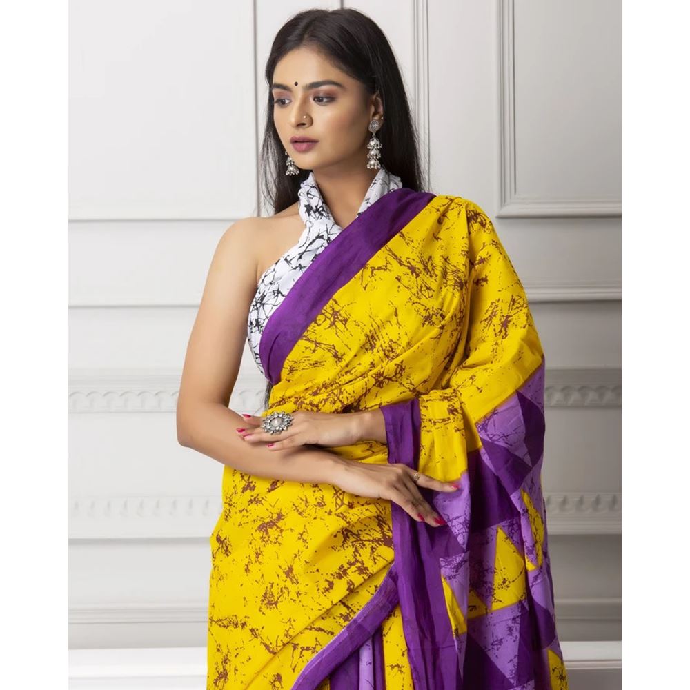 Yellow & Purple Batik Print Mul-Cotton Saree Saree AmitJaipur 