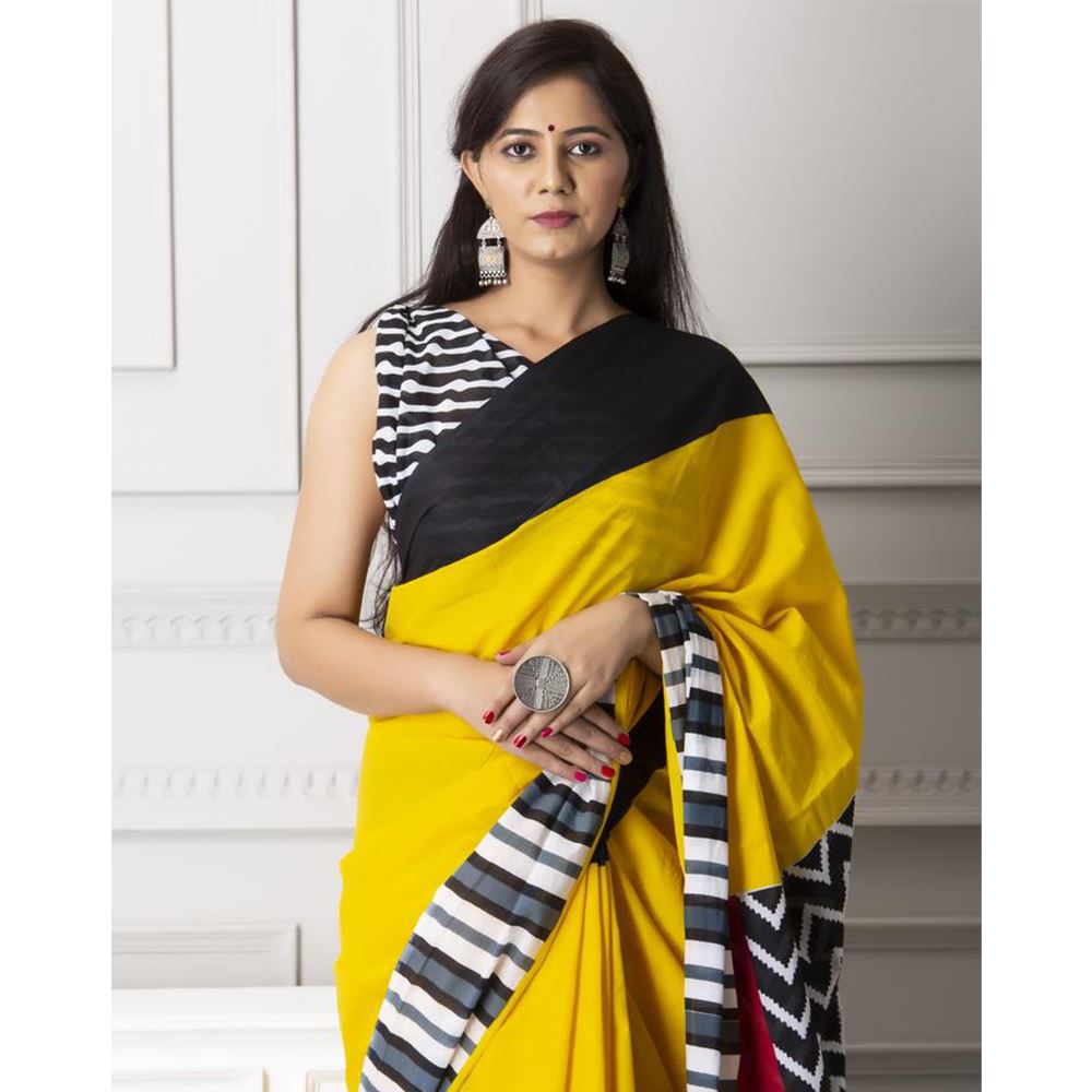 Buy SM TRENDZ Solid/Plain Bollywood Georgette, Cotton Silk Yellow Sarees  Online @ Best Price In India | Flipkart.com