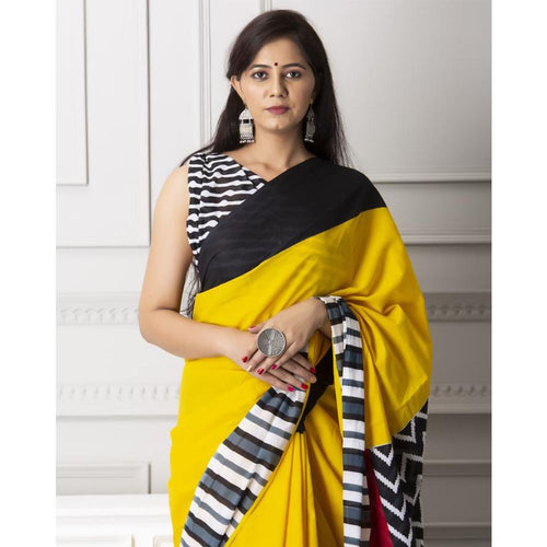 Yellow with Stripes Border Mul-Cotton Saree Saree AmitJaipur 